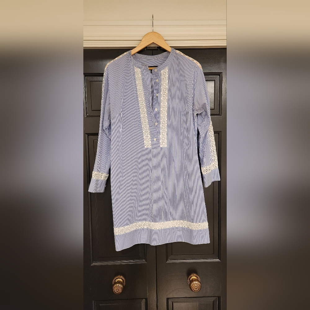 J.Crew Blue White Striped Tunic Shirt/Dress Sz 8 Eyelet Lace Detail Button down